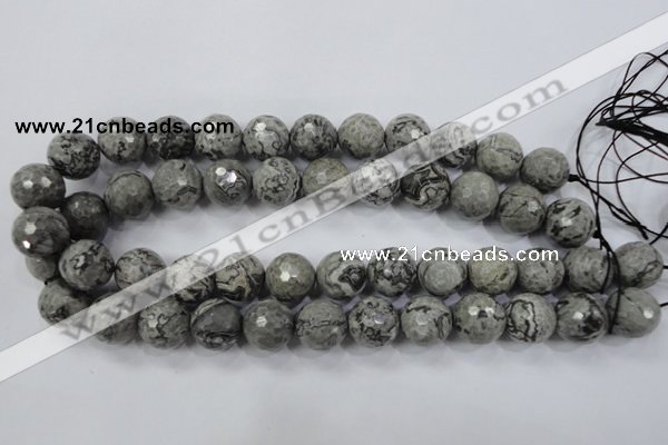 CPT116 15.5 inches 16mm faceted round grey picture jasper beads