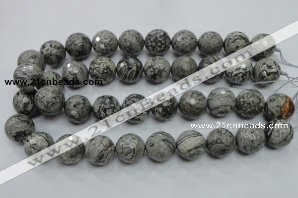 CPT118 15.5 inches 20mm faceted round grey picture jasper beads