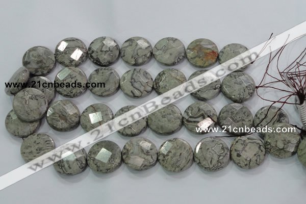 CPT126 15.5 inches 25mm faceted coin grey picture jasper beads