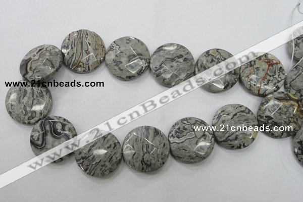 CPT127 15.5 inches 30mm faceted coin grey picture jasper beads