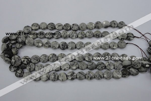 CPT140 15.5 inches 12mm faceted coin grey picture jasper beads