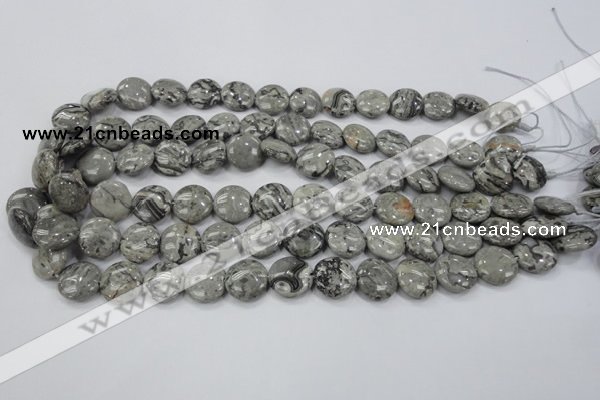 CPT164 15.5 inches 14mm flat round grey picture jasper beads