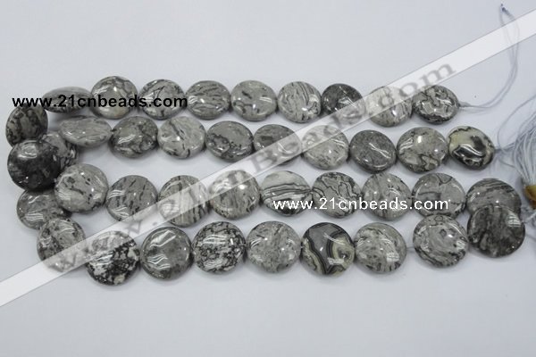 CPT167 15.5 inches 20mm flat round grey picture jasper beads