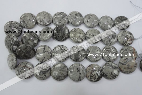 CPT168 15.5 inches 25mm flat round grey picture jasper beads