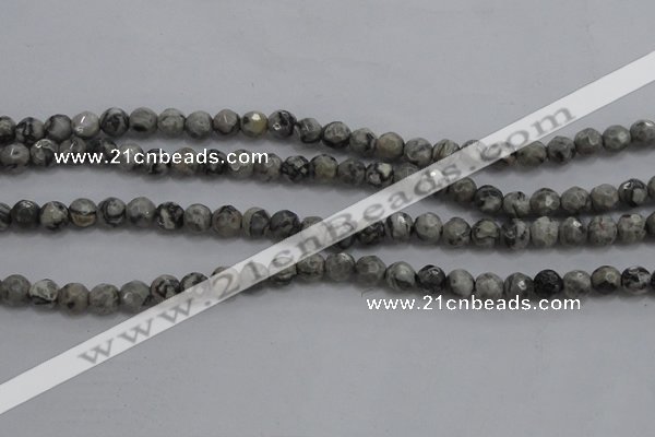 CPT186 15.5 inches 4mm faceted round grey picture jasper beads