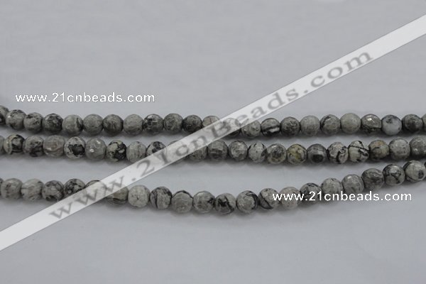 CPT187 15.5 inches 6mm faceted round grey picture jasper beads