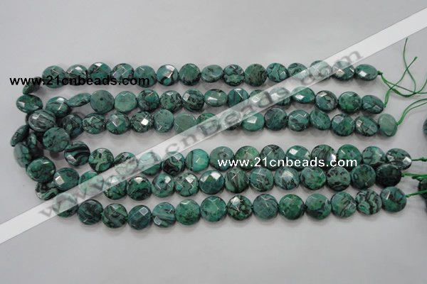 CPT232 15.5 inches 12mm faceted coin green picture jasper beads