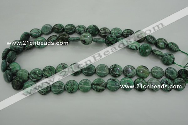 CPT328 15.5 inches 14mm flat round green picture jasper beads