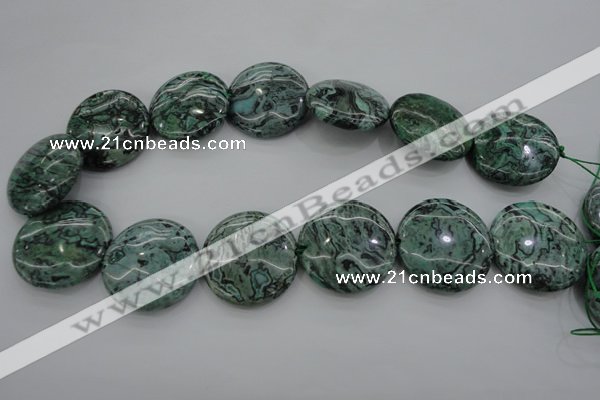 CPT333 15.5 inches 30mm flat round green picture jasper beads