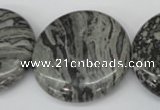 CPT361 15.5 inches 30mm flat round grey picture jasper beads