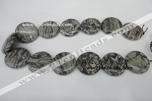 CPT361 15.5 inches 30mm flat round grey picture jasper beads