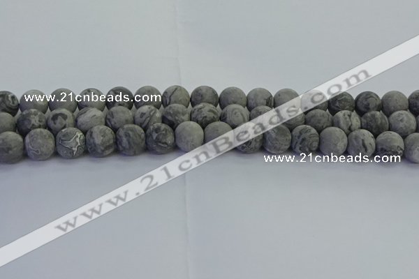 CPT573 15.5 inches 10mm round matte grey picture jasper beads