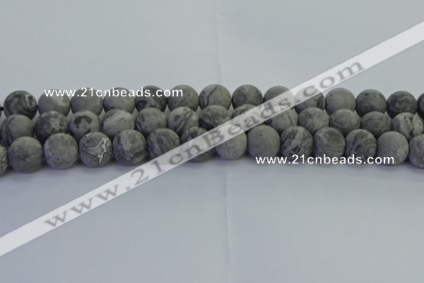 CPT574 15.5 inches 12mm round matte grey picture jasper beads