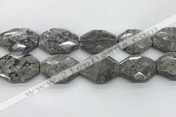 CPT582 30*40mm - 32*42mm faceted octagonal grey picture jasper beads