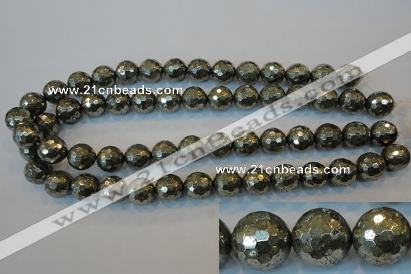 CPY111 15.5 inches 16mm faceted round pyrite gemstone beads wholesale