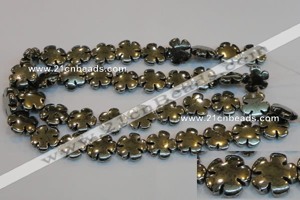 CPY165 15.5 inches 20mm carved flower pyrite gemstone beads wholesale