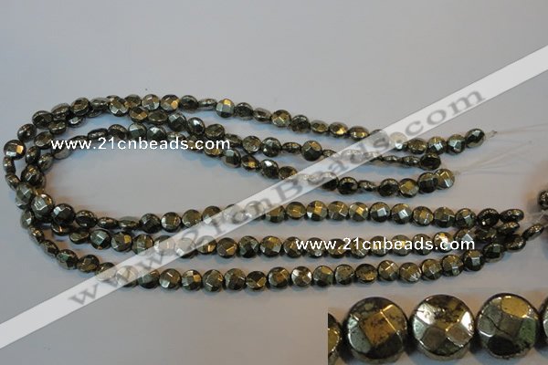 CPY341 15.5 inches 8mm faceted coin pyrite gemstone beads wholesale