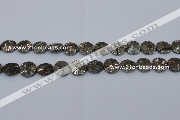CPY660 15.5 inches 15mm carved flower pyrite gemstone beads