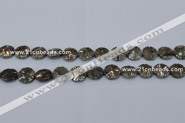 CPY661 15.5 inches 16mm carved flower pyrite gemstone beads