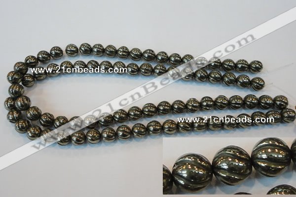 CPY75 15.5 inches 10mm carved round pyrite gemstone beads wholesale