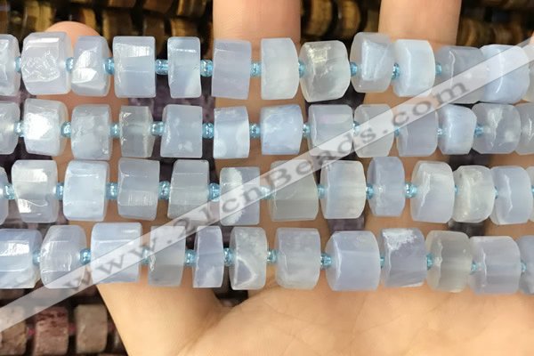 CRB2186 15.5 inches 9mm - 10mm faceted tyre blue chalcedony beads