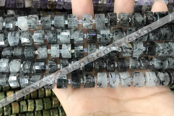 CRB2191 15.5 inches 9mm - 10mm faceted tyre black rutilated quartz beads