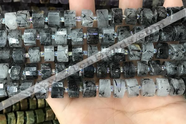 CRB2192 15.5 inches 10mm - 11mm faceted tyre black rutilated quartz beads