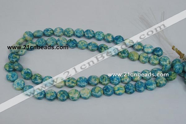 CRF117 15.5 inches 12mm flat round dyed rain flower stone beads