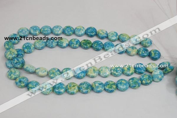 CRF118 15.5 inches 14mm flat round dyed rain flower stone beads