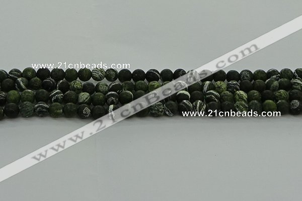 CRO1121 15.5 inches 6mm round matte green silver line jasper beads