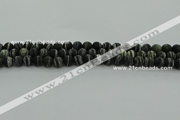 CRO1122 15.5 inches 8mm round matte green silver line jasper beads