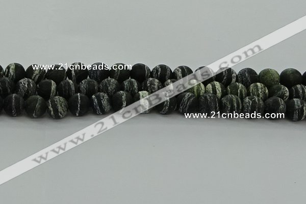 CRO1124 15.5 inches 12mm round matte green silver line jasper beads