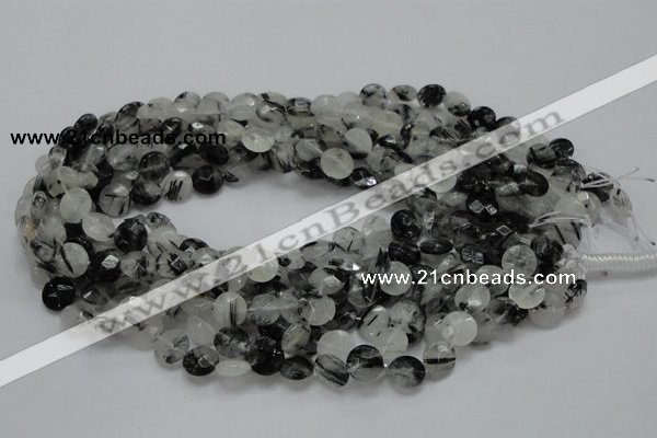 CRU02 15.5 inches 10mm faceted flat round black rutilated quartz beads