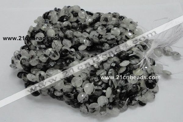 CRU03 15.5 inches 12mm faceted flat round black rutilated quartz beads