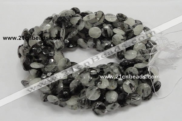 CRU04 15.5 inches 15mm faceted flat round black rutilated quartz beads