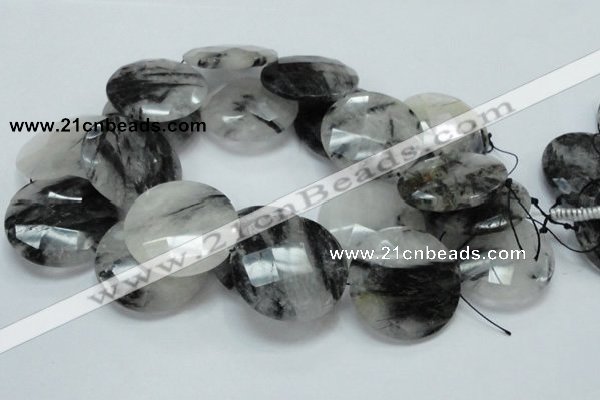 CRU07 15.5 inches 40mm faceted flat round black rutilated quartz beads