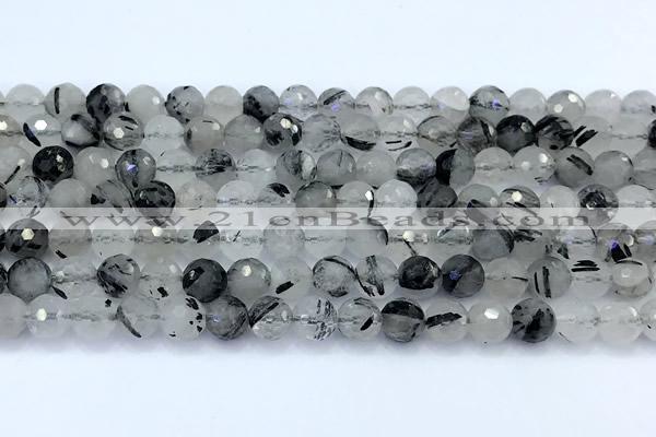 CRU1070 15 inches 6mm faceted round black rutilated quartz beads