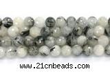 CRU1094 15.5 inches 12mm faceted round black rutilated quartz gemstone beads