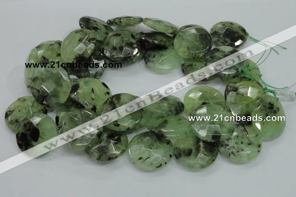 CRU117 15.5 inches 30mm faceted coin green rutilated quartz beads