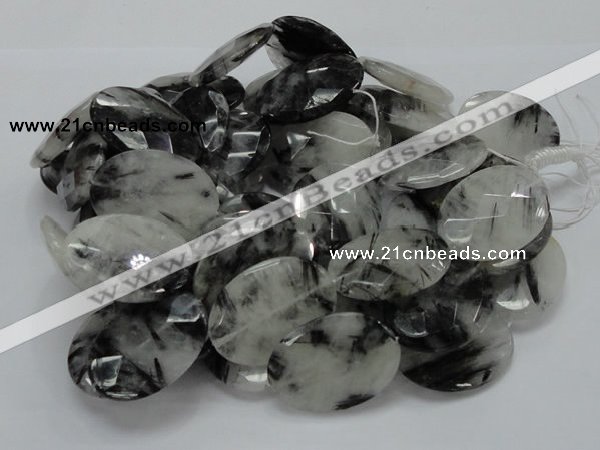 CRU19 15.5 inches 22*30mm faceted oval black rutilated quartz beads