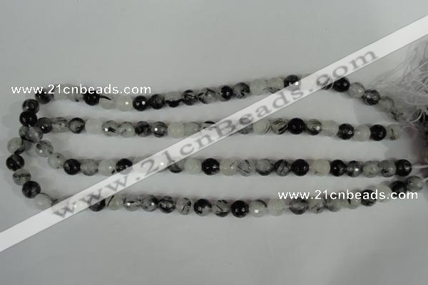 CRU313 15.5 inches 8mm faceted round black rutilated quartz beads