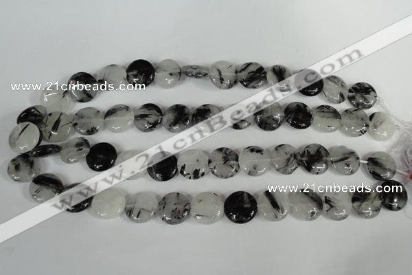 CRU340 15.5 inches 15mm flat round black rutilated quartz beads