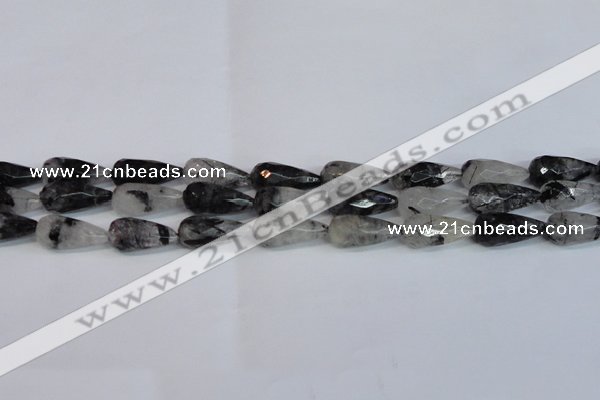 CRU350 15.5 inches 12*25mm faceted teardrop black rutilated quartz beads