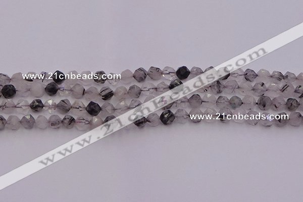 CRU511 15.5 inches 6mm faceted nuggets black rutilated quartz beads