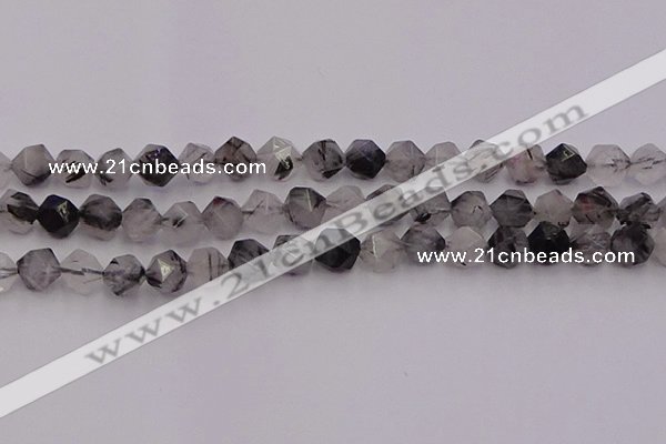 CRU513 15.5 inches 10mm faceted nuggets black rutilated quartz beads