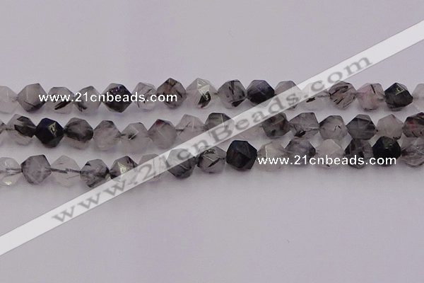 CRU514 15.5 inches 12mm faceted nuggets black rutilated quartz beads