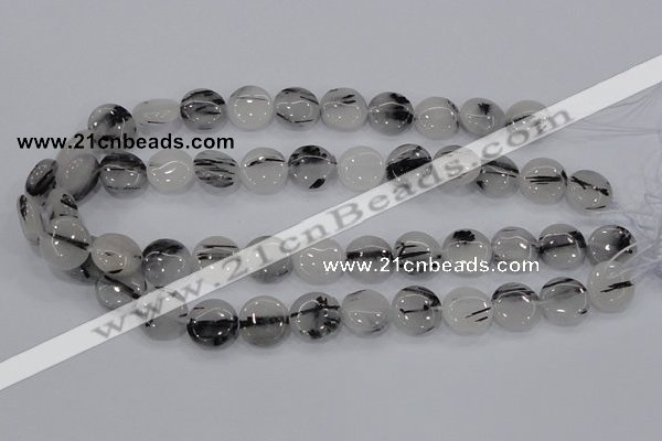 CRU80 15.5 inches 14mm flat round black rutilated quartz beads