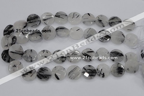 CRU94 15.5 inches 20mm faceted coin black rutilated quartz beads