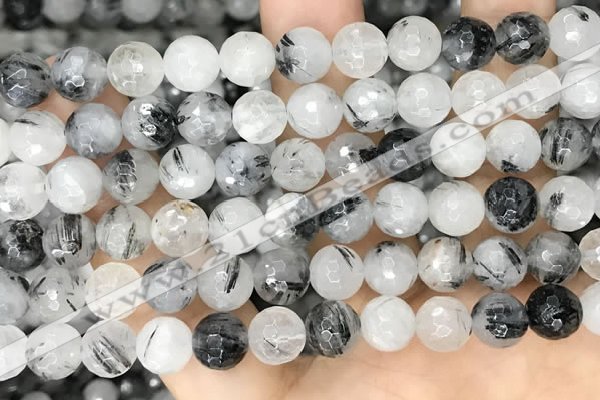 CRU958 15.5 inches 8mm faceted round black rutilated quartz beads