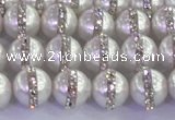 CSB1501 15.5 inches 8mm round shell pearl with rhinestone beads